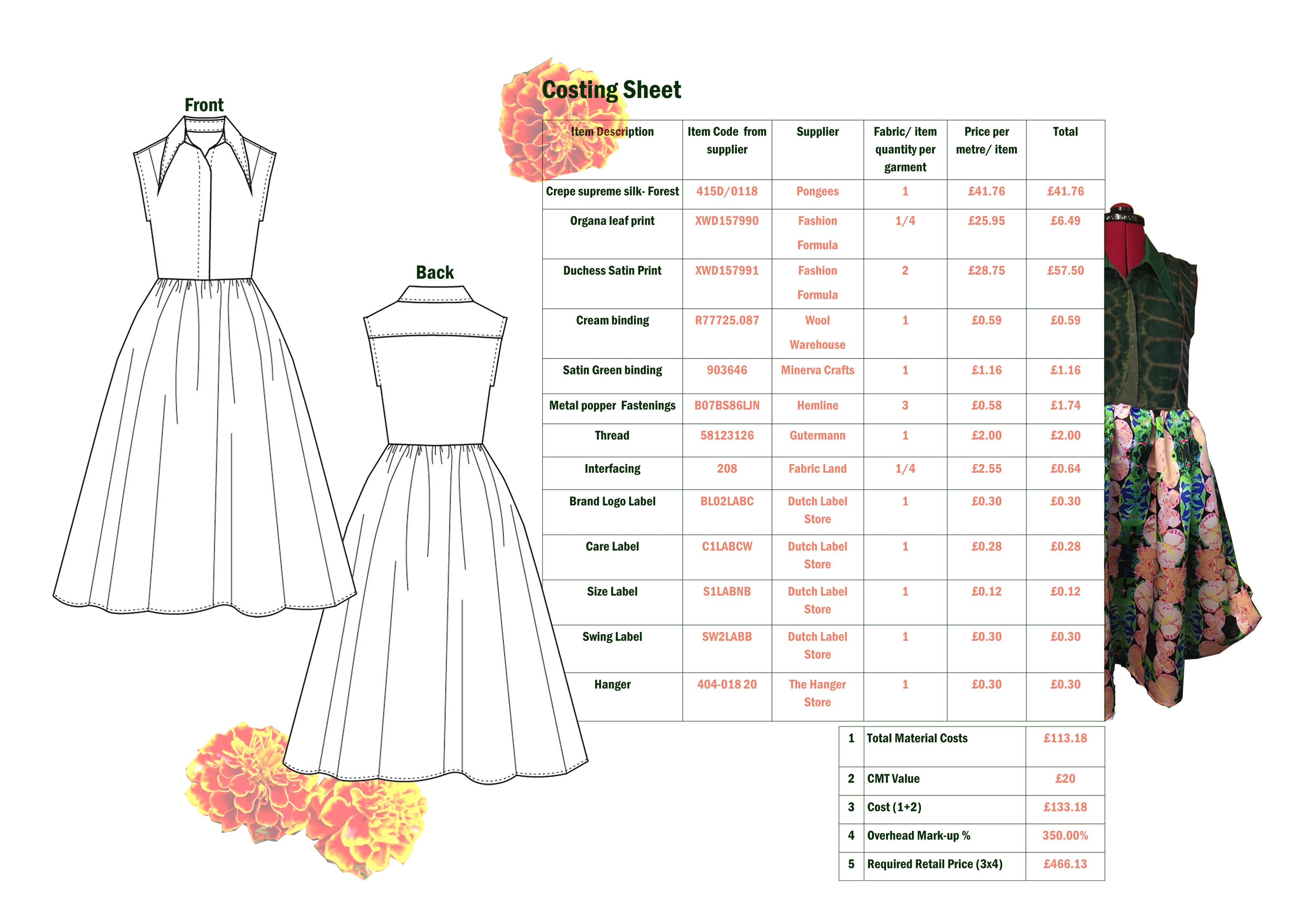 Titch designs collection dress costing sheet 